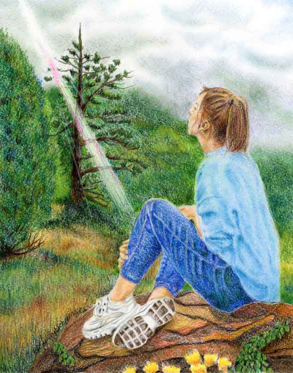 Encouraged by Scripture color pencil drawing by Robin Lybeck Higher Ground