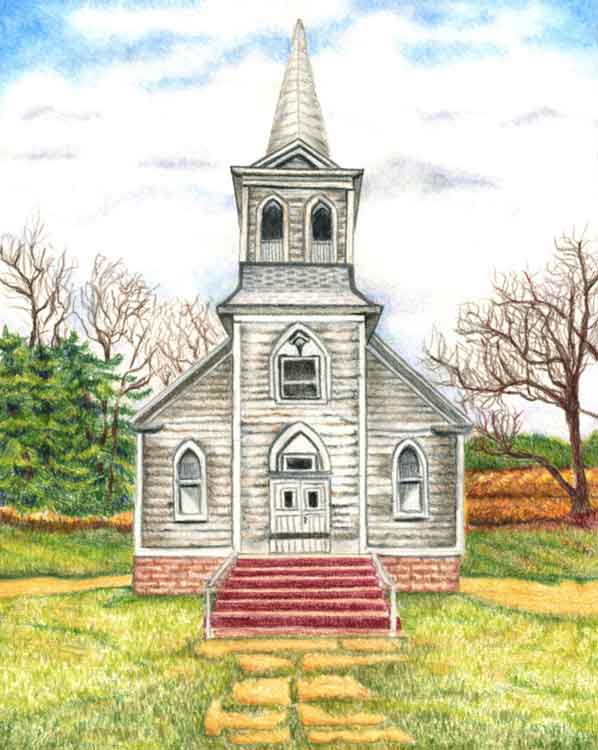 Encouraged by Scripture color pencil drawing by Robin Lybeck The Old Country Church